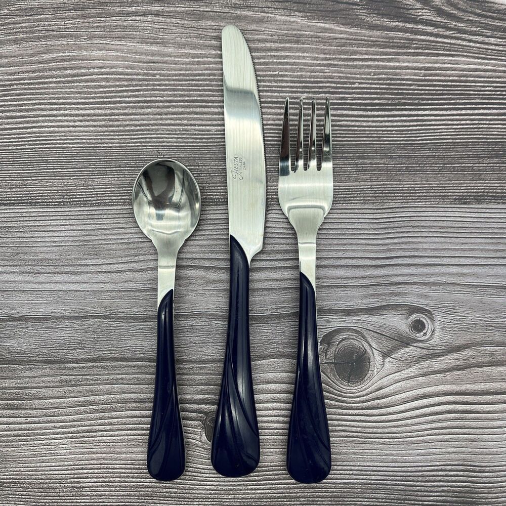 Fiesta Swirl Flatware Silverware 3 Piece Set Stainless 1990s - Blue Dark Navy
